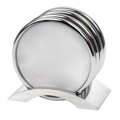 4 pc Full Color Silver Metal Coaster Set w/Silver Base
